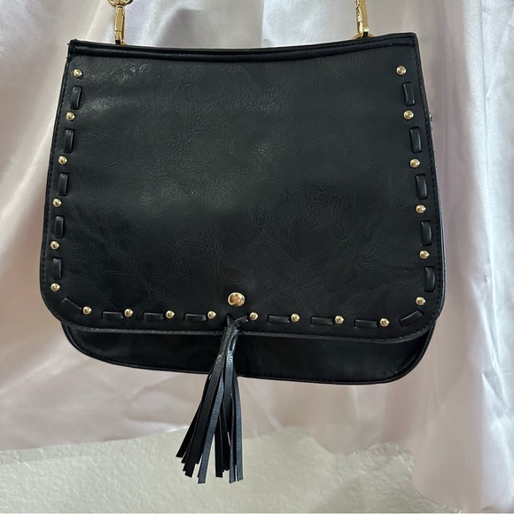 Vegan Leather Black Crossbody Bag – Studded with Tassel & Leopard Strap - Picture 5 of 6
